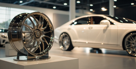 A showroom display of high-performance wholesale forged wheels for luxury cars.