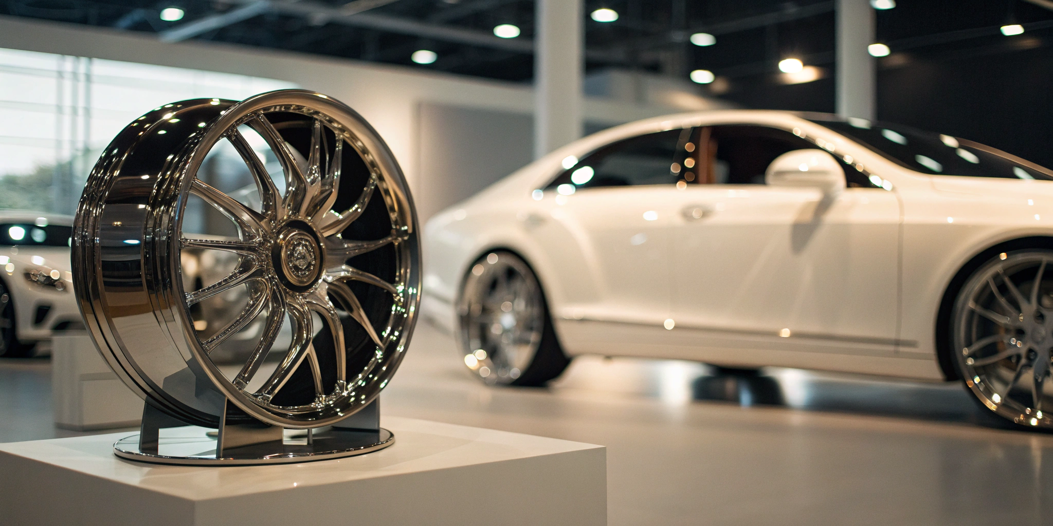 A showroom display of high-performance wholesale forged wheels for luxury cars.