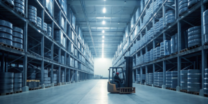 Warehouse shelves stacked with wheels for dealers looking to buy in bulk.