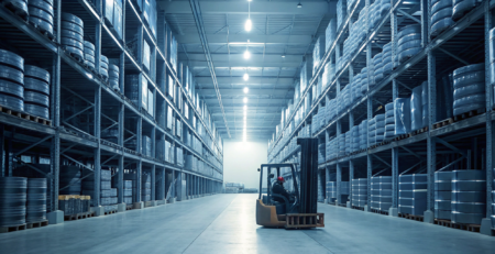 Warehouse shelves stacked with wheels for dealers looking to buy in bulk.