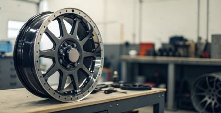 Close-up of a 6 lug truck rim for sale, showing its machined alloy finish.