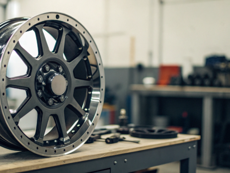 Close-up of a 6 lug truck rim for sale, showing its machined alloy finish.