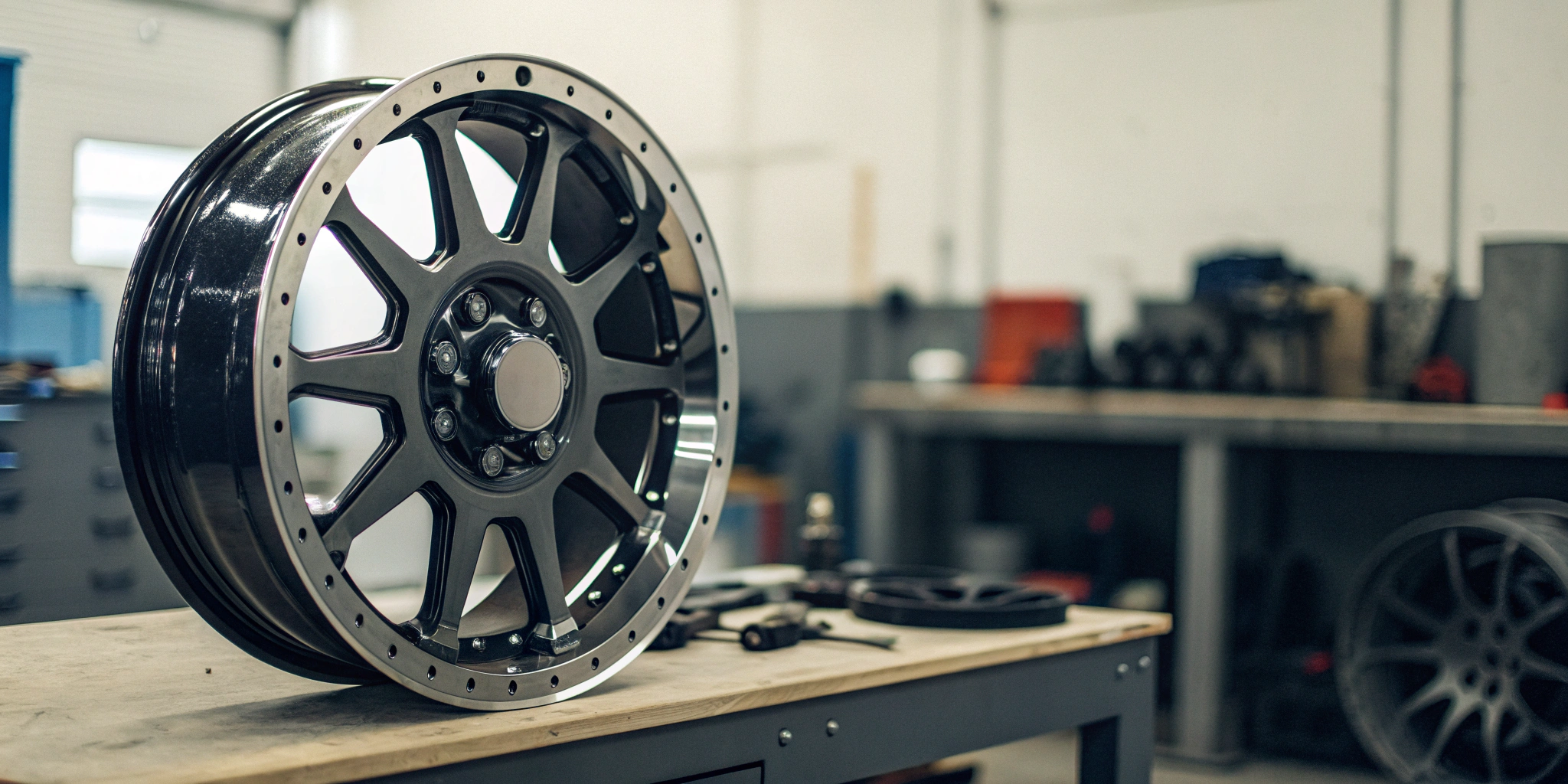Close-up of a 6 lug truck rim for sale, showing its machined alloy finish.
