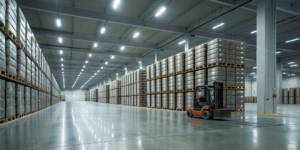 A well-stocked wholesale wheel distributor warehouse with a forklift moving pallets.