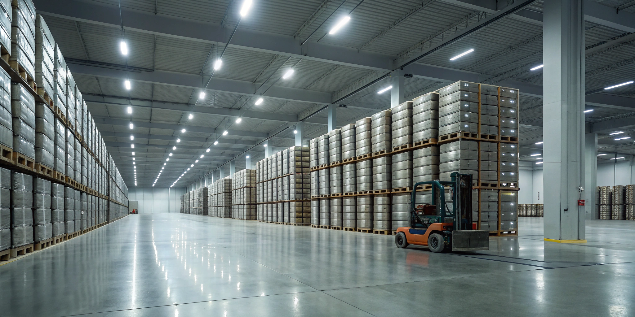 A well-stocked wholesale wheel distributor warehouse with a forklift moving pallets.